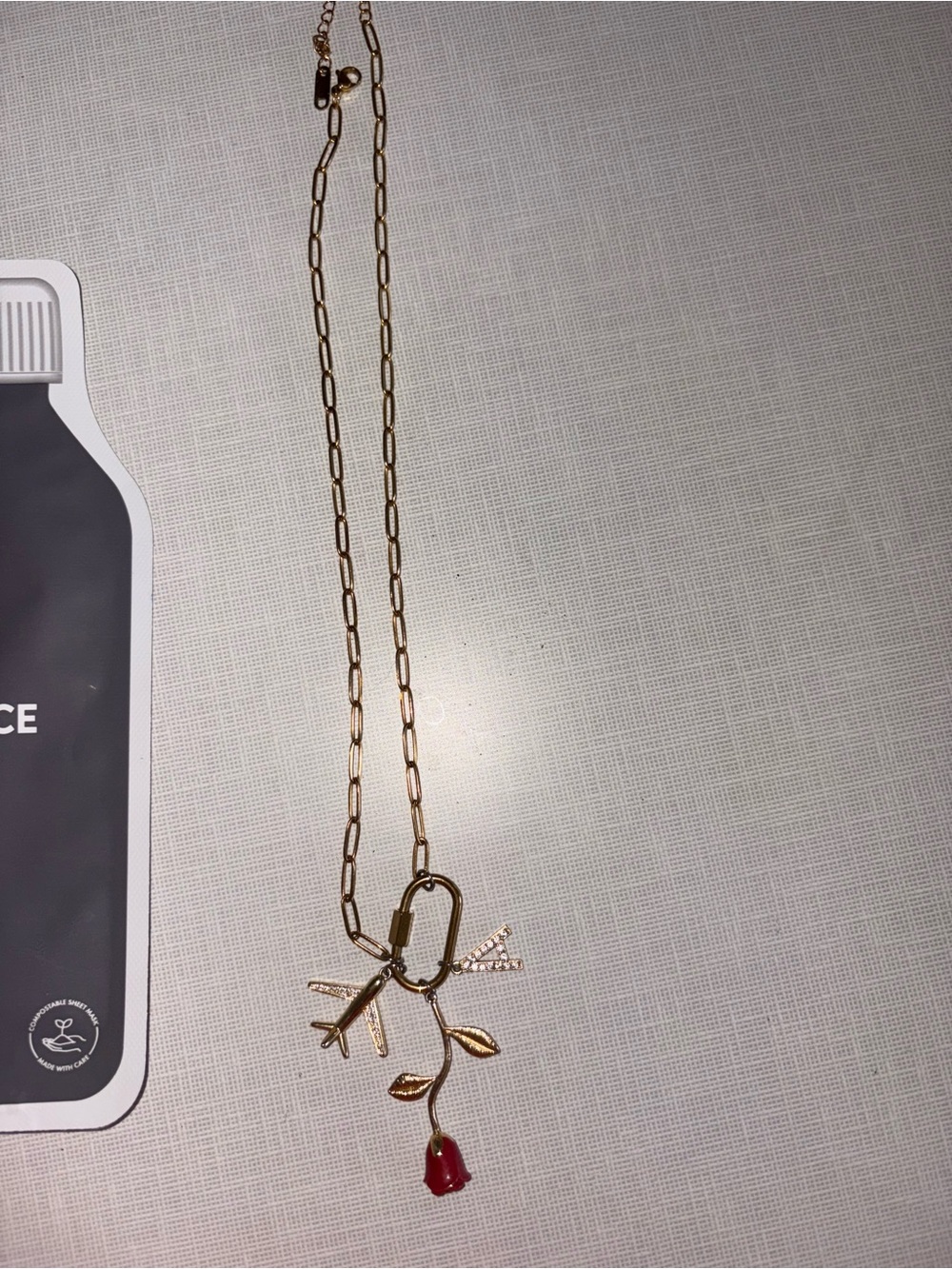 Gold Tone Necklace with Red Rose Pendant "A" necklace